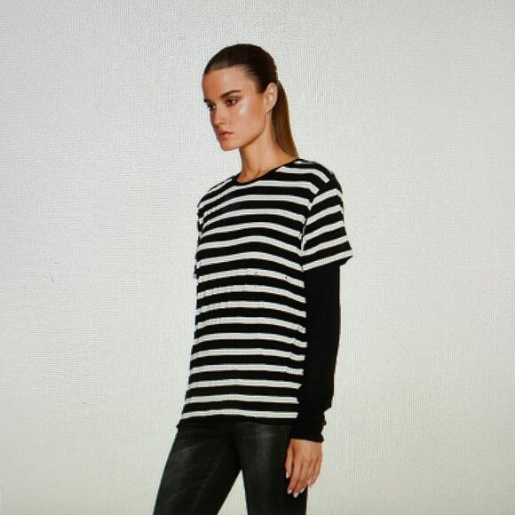 R13 Black & Ecru Stripe Double Thermal Tee - Picture 11 of 11
